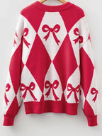 Bow Print 2-Tone Rhombus Knit Loose Sweater