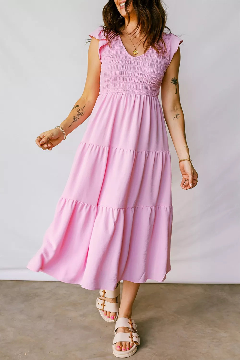 Smocked Bodice Flutter Sleeve Fit Flare Tiered Midi Dress