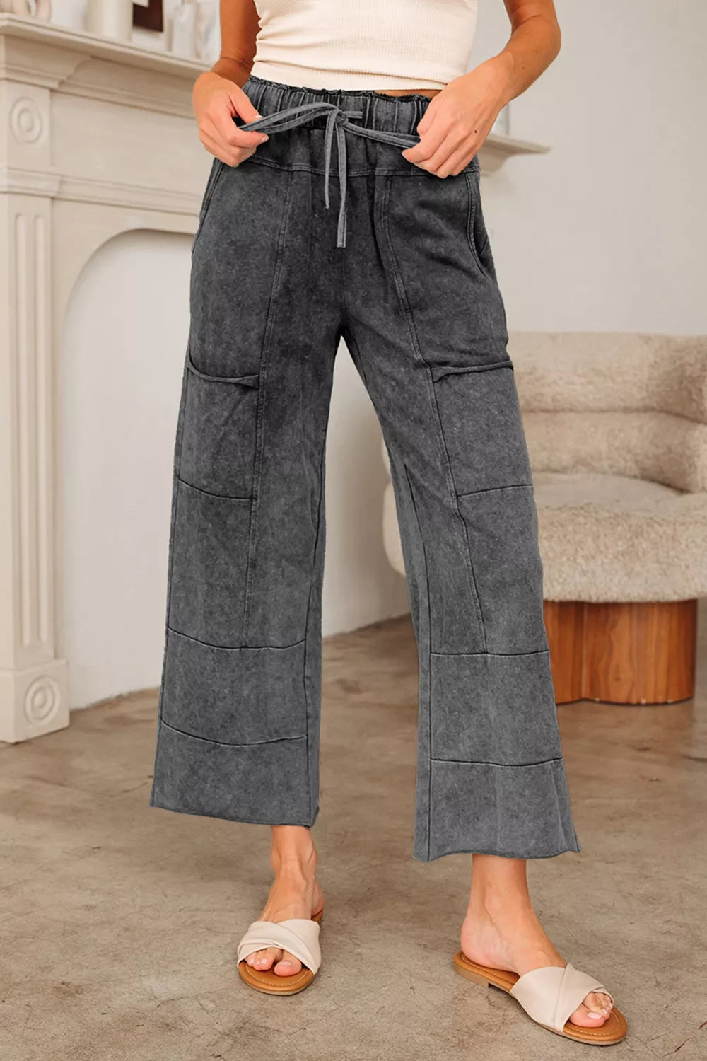 Mineral Wash Lace-up High Waist Raw Hem Patched Pocket Pants