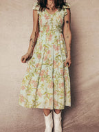 Smocked Bodice Ruffled Sleeveless Tiered Floral Dress