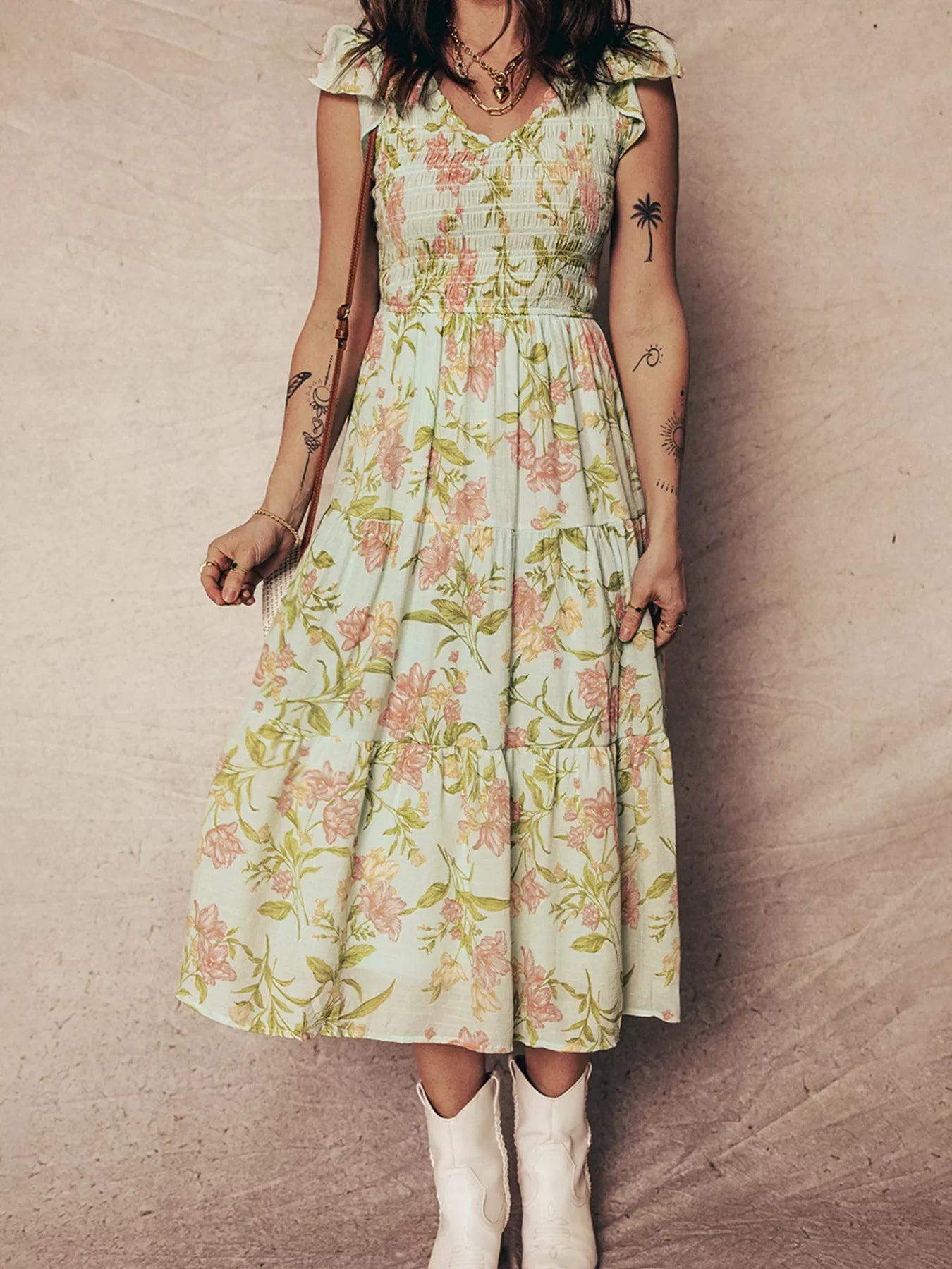 Smocked Bodice Ruffled Sleeveless Tiered Floral Dress