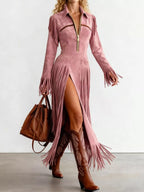 Fringed Suede Slit Dress
