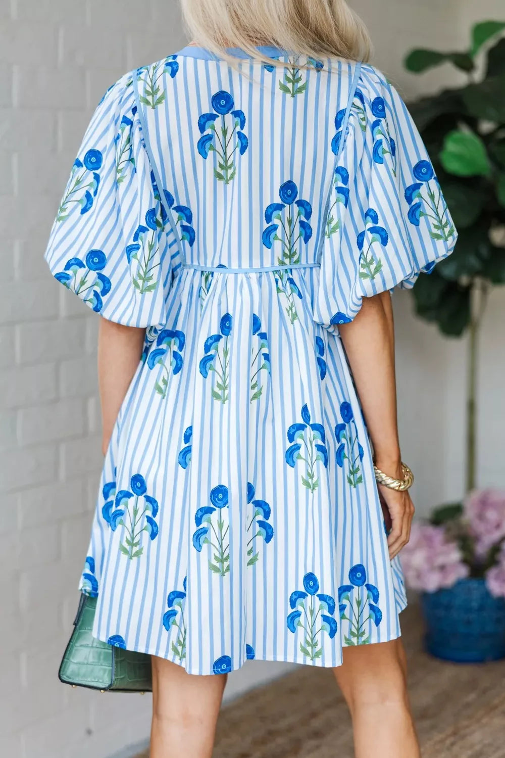 Striped Floral Puff Sleeve Mini Dress