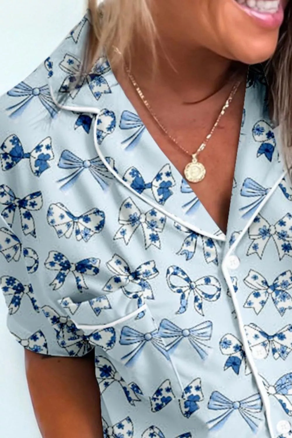 Bow Print Button Up Top and Shorts Pajama Set