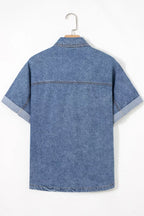 Button Flap Pocket Cuffed Short Sleeve Denim Shacket