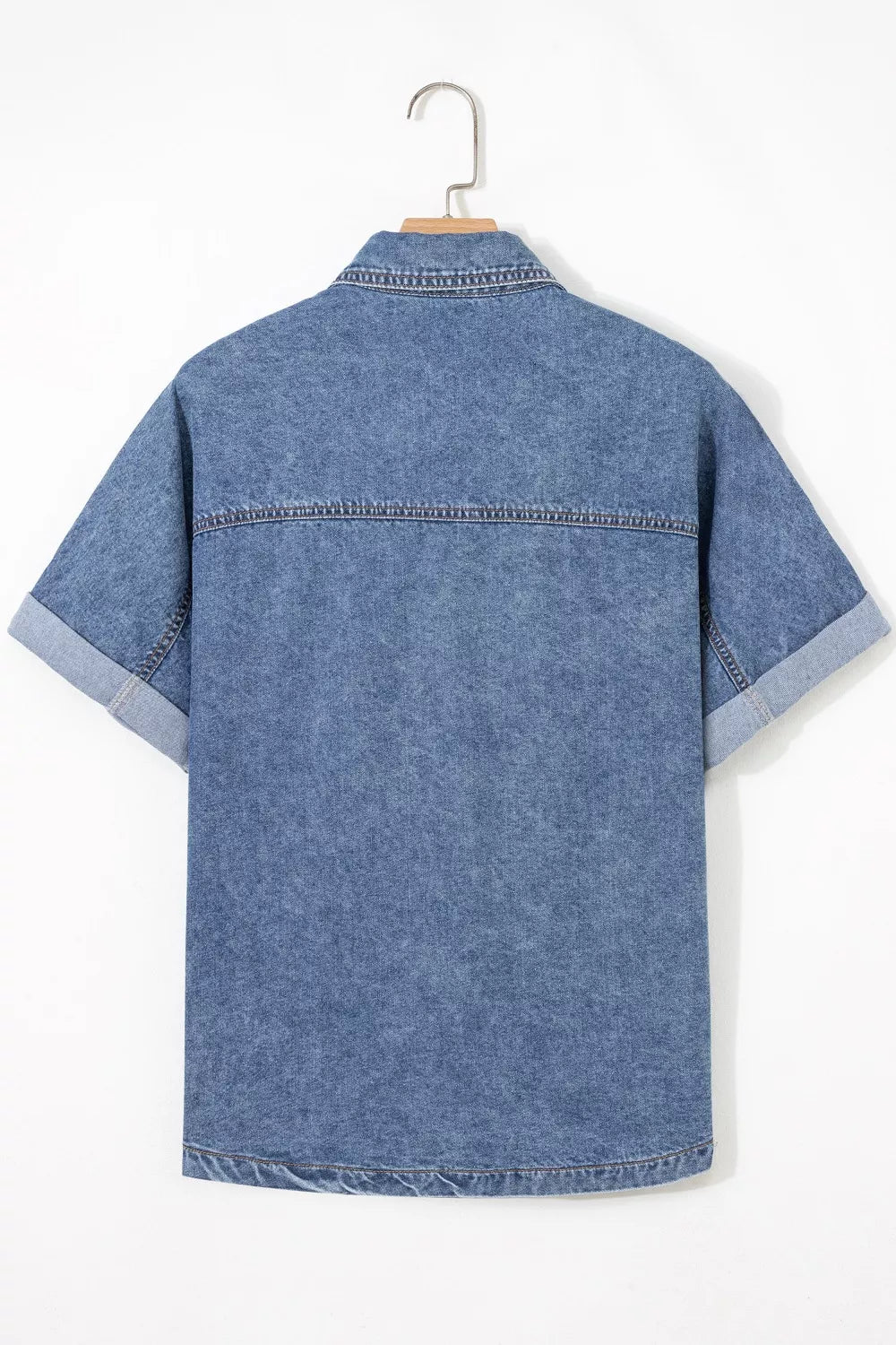 Button Flap Pocket Cuffed Short Sleeve Denim Shacket