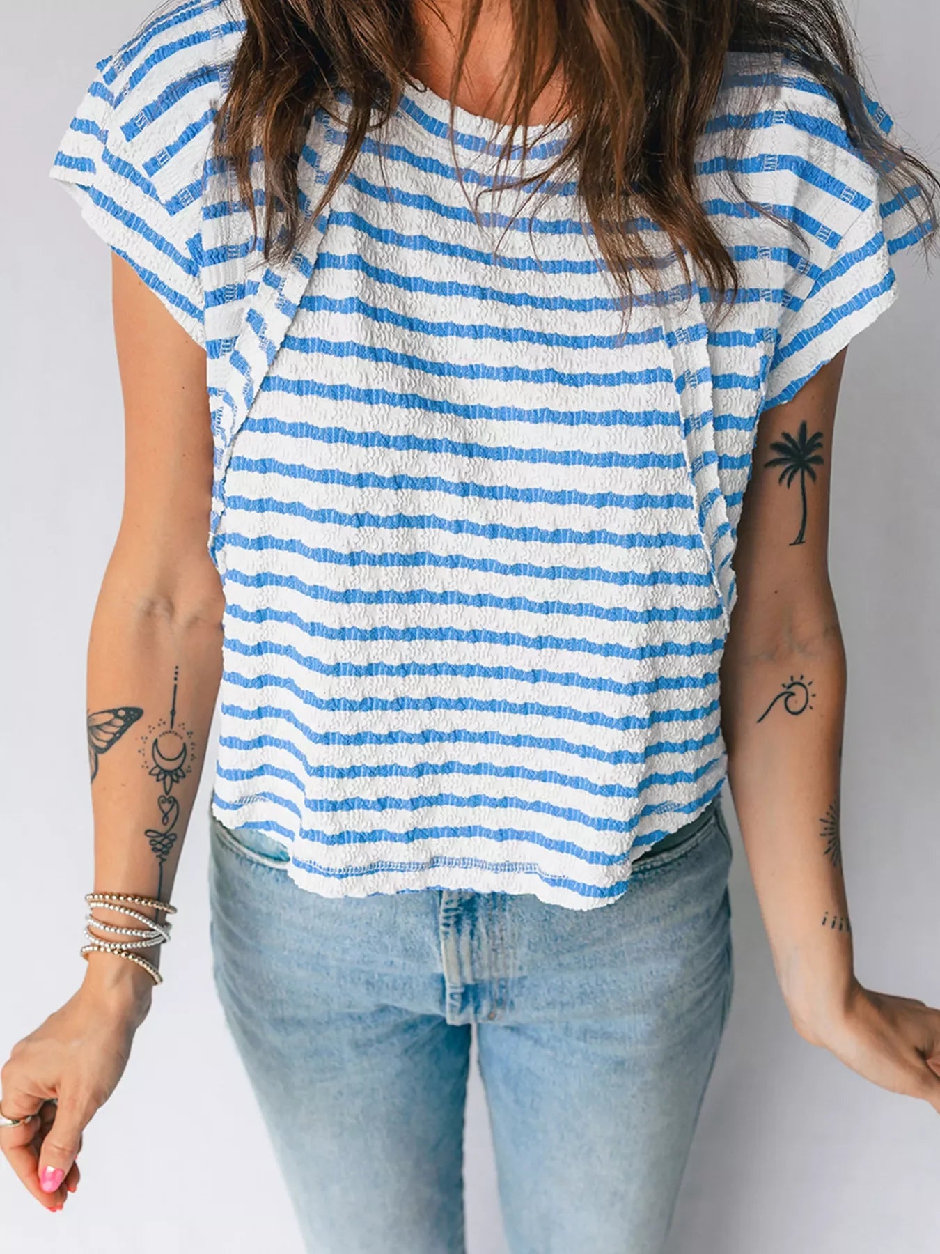 Stripe Textured Short Sleeve Patchwork T Shirt
