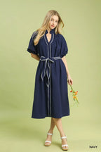 Umgee Ruffle Collar Midi Dress with Stripe Trim