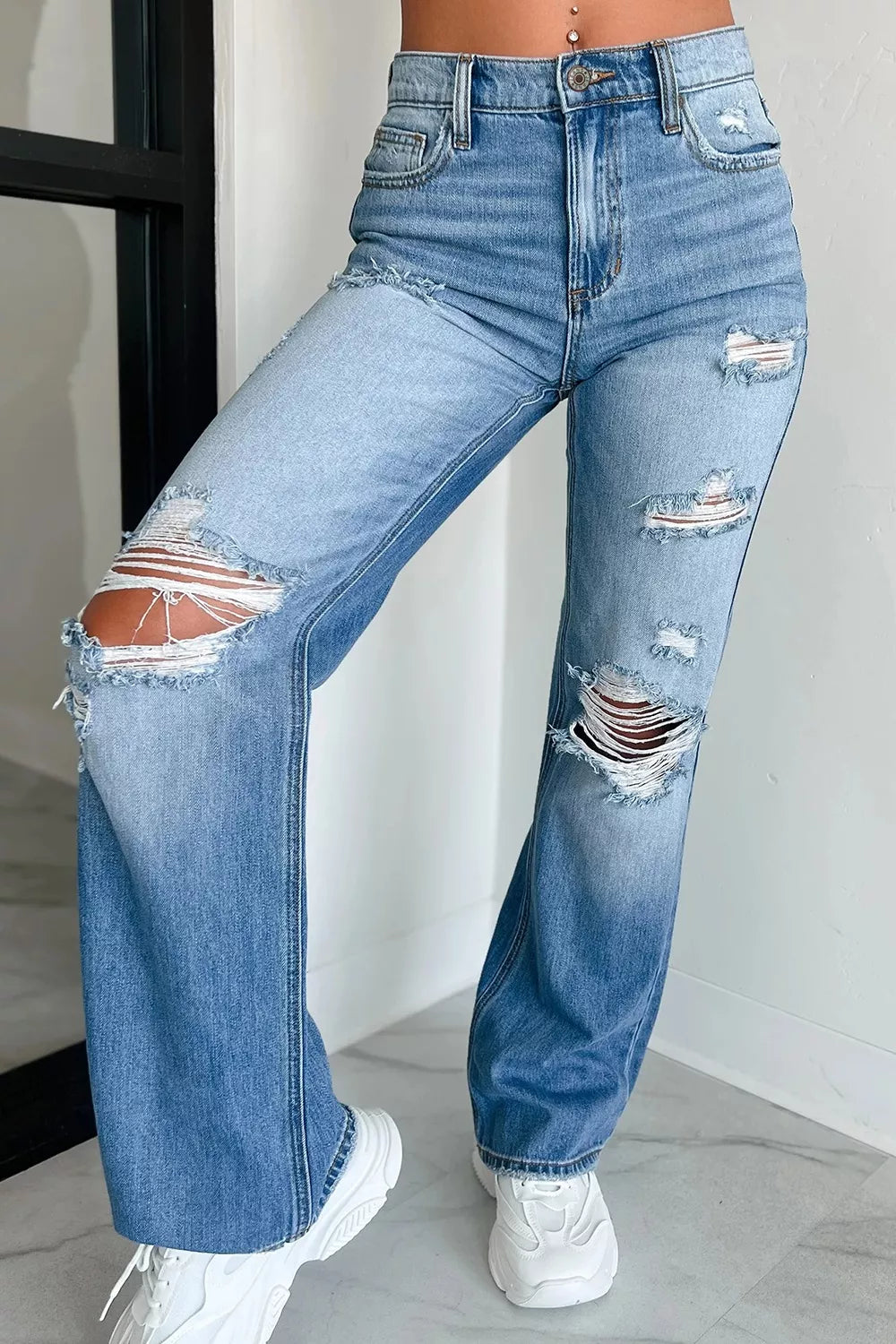 Mid Rise Distressed Sneak Peek Straight Leg Jeans