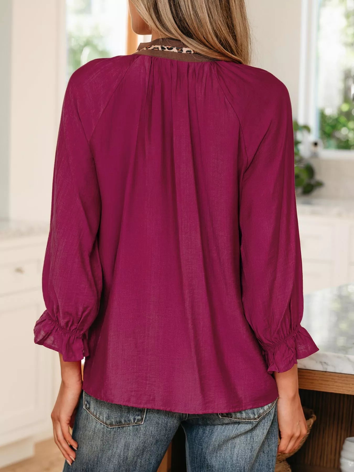 Leopard Trim V Neck Flounced Bracelet Sleeve Blouse