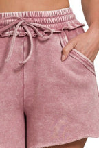 Zenana Acid Wash Fleece Drawstring Shorts With Pockets