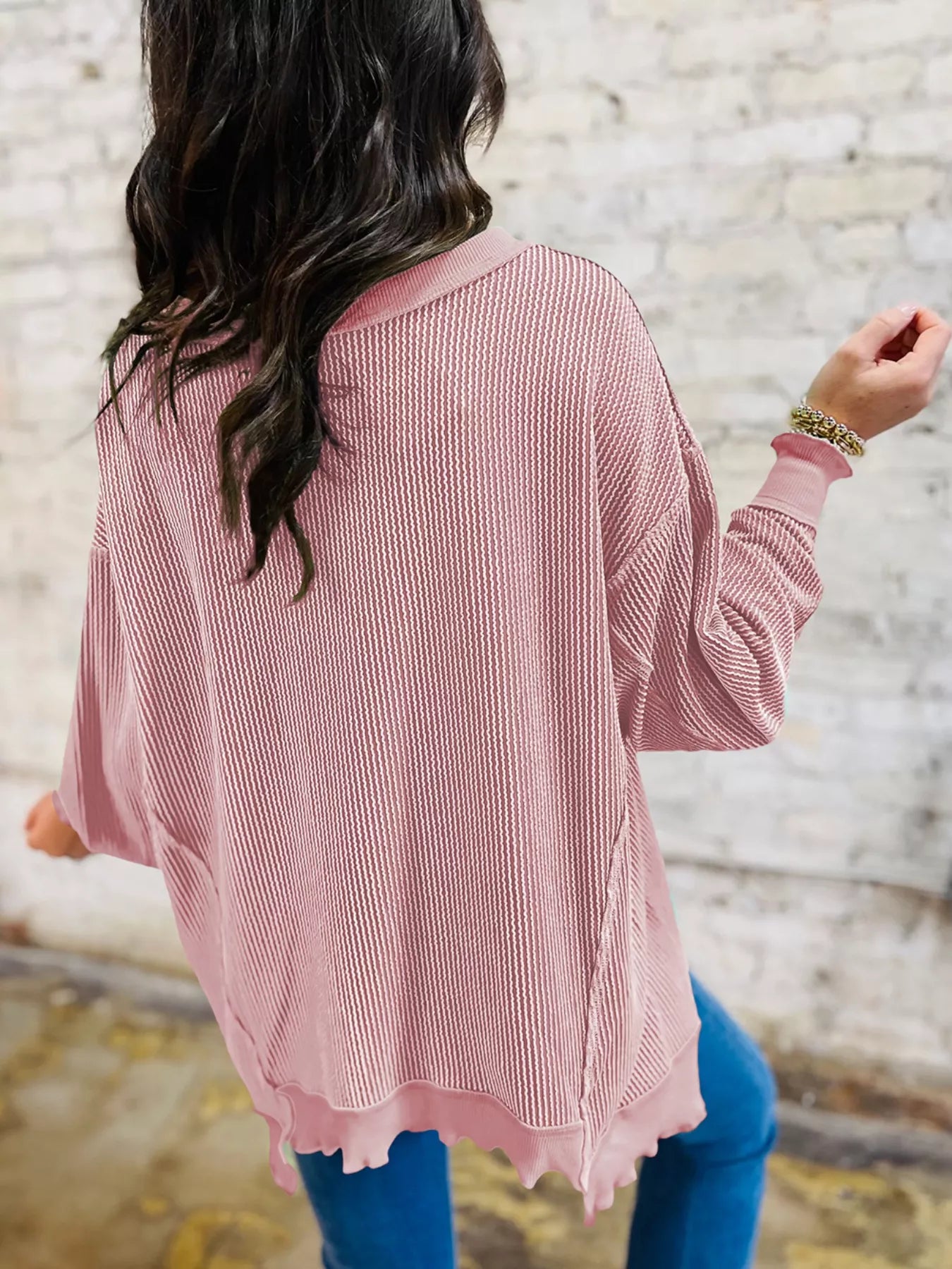 Ribbed Knit Dropped Shoulder Sweatshirt