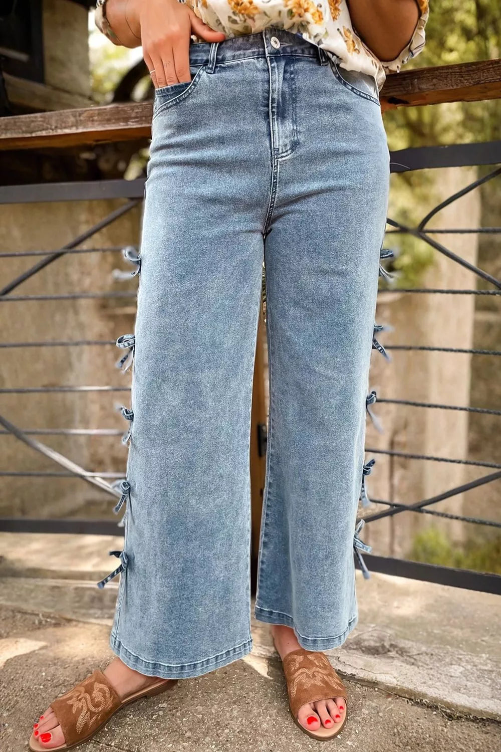 Bow Knot Side Detail Straight Leg Loose Jeans