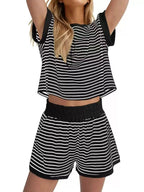 Full Size Striped Round Neck Top and Shorts Set Plus Size