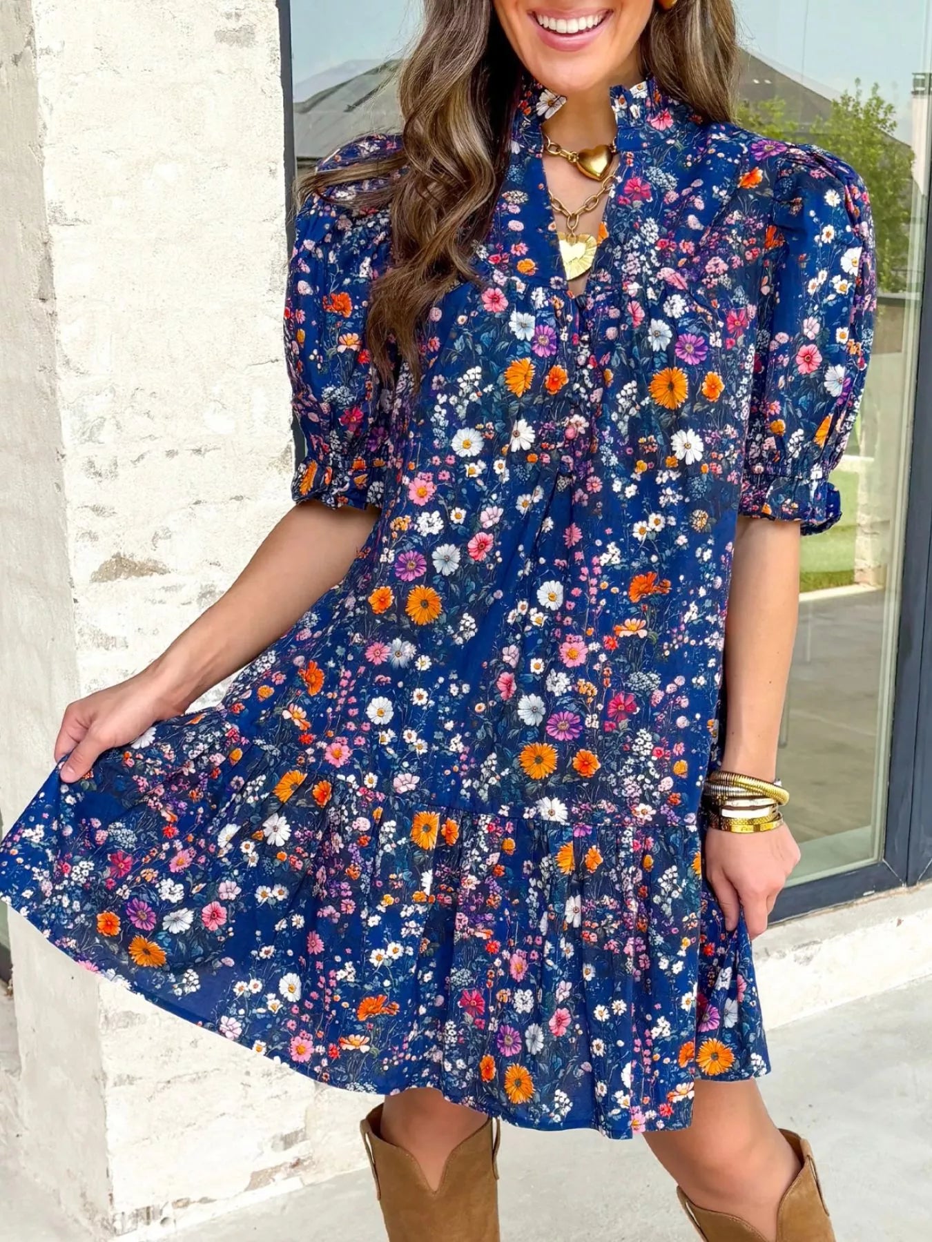 Floral Print Ruffle Hem Mini Dress
