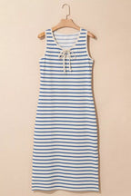 Stripe Tie V Neck Sleeveless Side Slit Midi Dress