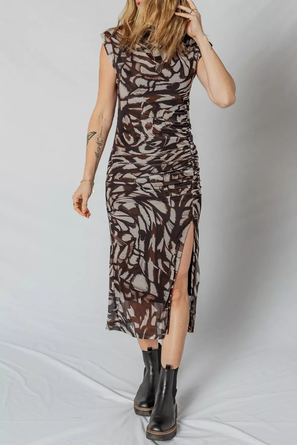 Abstract Print Mesh Cowl Neck Cap Sleeve Ruched Midi Dress with Slit