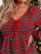 Plaid Print Ricrac Tiered Bubble Sleeve Mini Dress