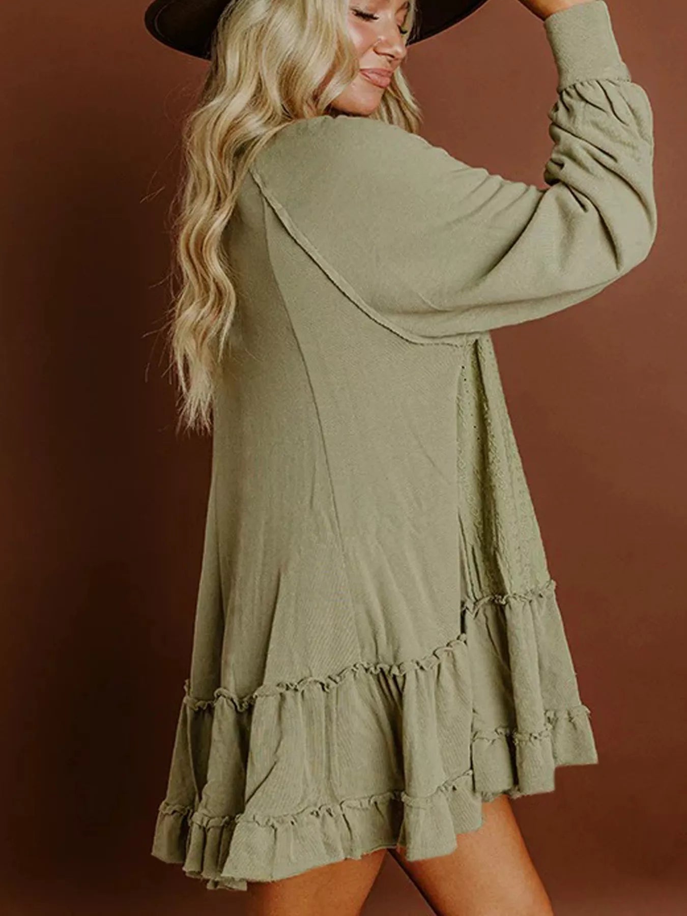 Frill Round Neck Long Sleeve Mini Dress