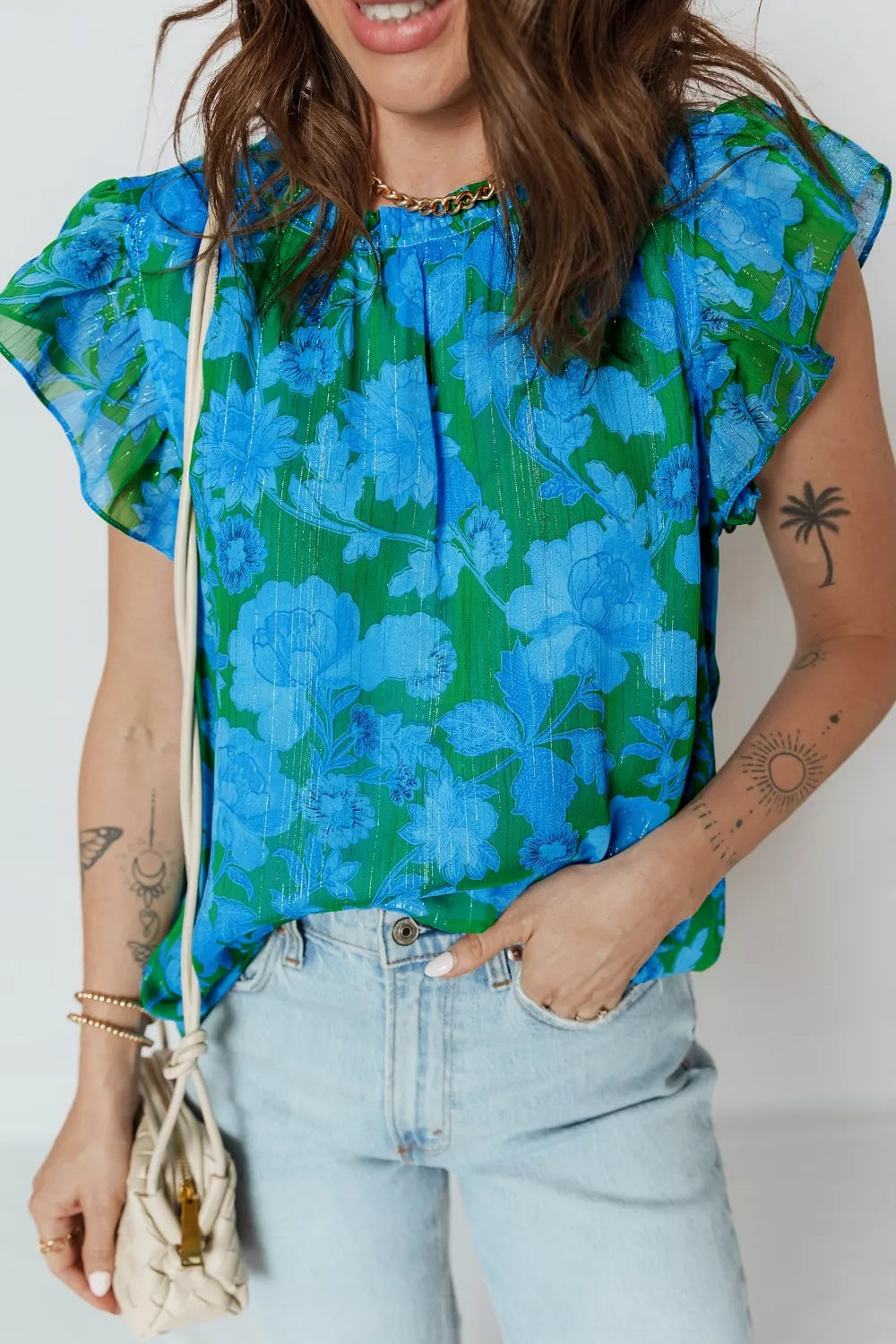 Floral Print Ruffled Sleeve Summer Blouse