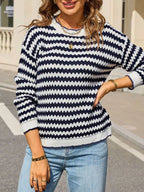 Striped Zigzag Knit Round Neck Sweater