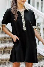 Stripe Detail Polo Collar Half Buttons Tied Short Sleeve Shift Mini Dress