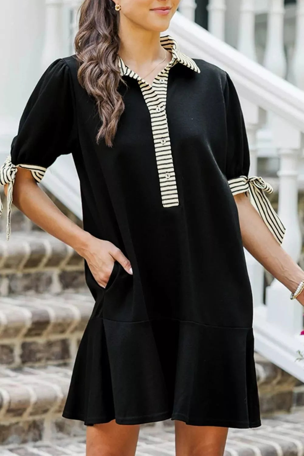 Stripe Detail Polo Collar Half Buttons Tied Short Sleeve Shift Mini Dress