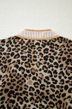Contrast Striped Trim V Neck Leopard Shirt