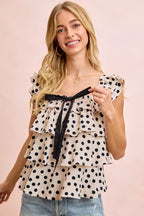 BiBi Polka Dot Ruffled Bow Tied Square Neck Sleeveless Top