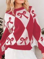 Bow Print 2-Tone Rhombus Knit Loose Sweater