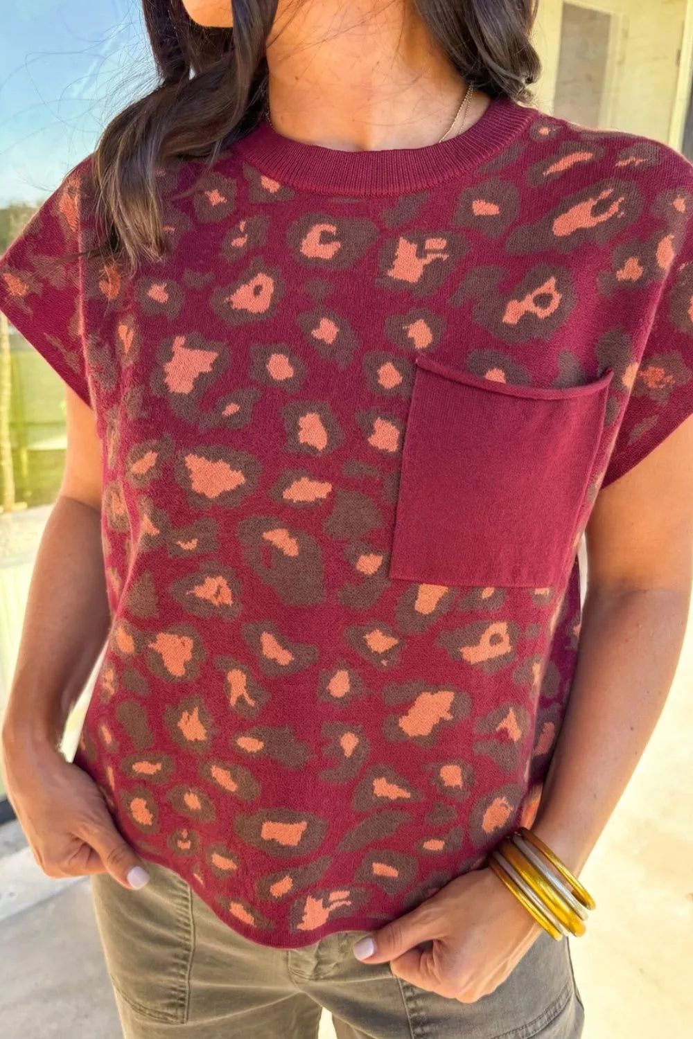 Leopard Print Cap Sleeve Knitted Top