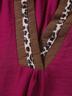 Leopard Trim V Neck Flounced Bracelet Sleeve Blouse