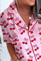 Bow Print Button Up Top and Shorts Pajama Set