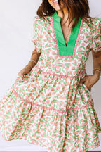 Contrast Neckline Ricrac Trim Floral Short Puff Sleeve Dress