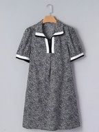 Leopard Print Contrast Striped Trim Polo Collar Short Sleeve Dress with Pockets