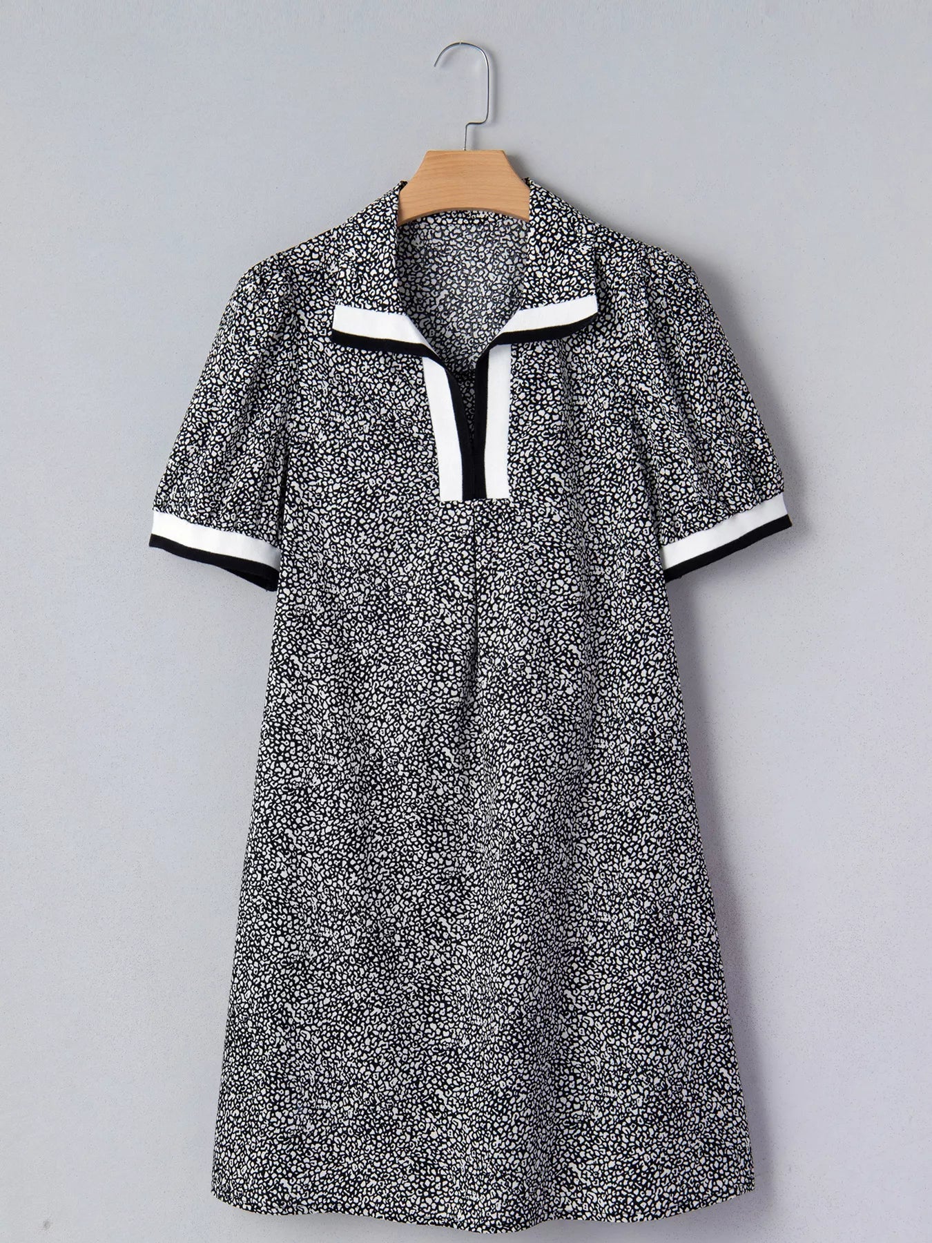 Leopard Print Contrast Striped Trim Polo Collar Short Sleeve Dress with Pockets