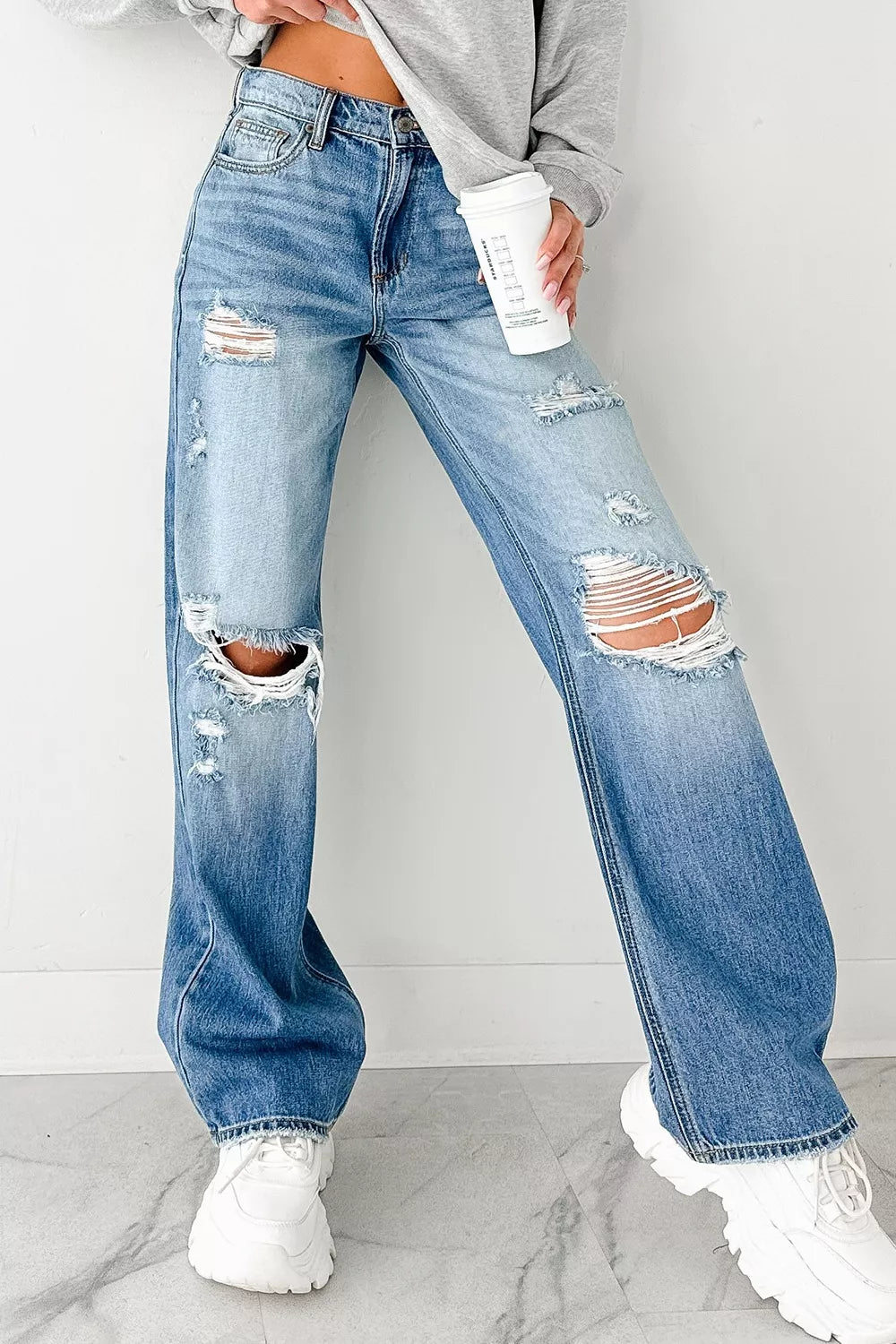 Mid Rise Distressed Sneak Peek Straight Leg Jeans
