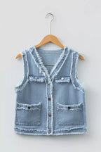 Frayed Edge Flap Pockets Denim Vest Jacket