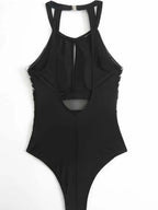 Mesh Detail Backless Striped One-Piece Swimsuit