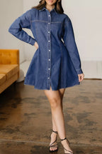 Denim Shirt Collar Long Sleeve Flared Mini Dress