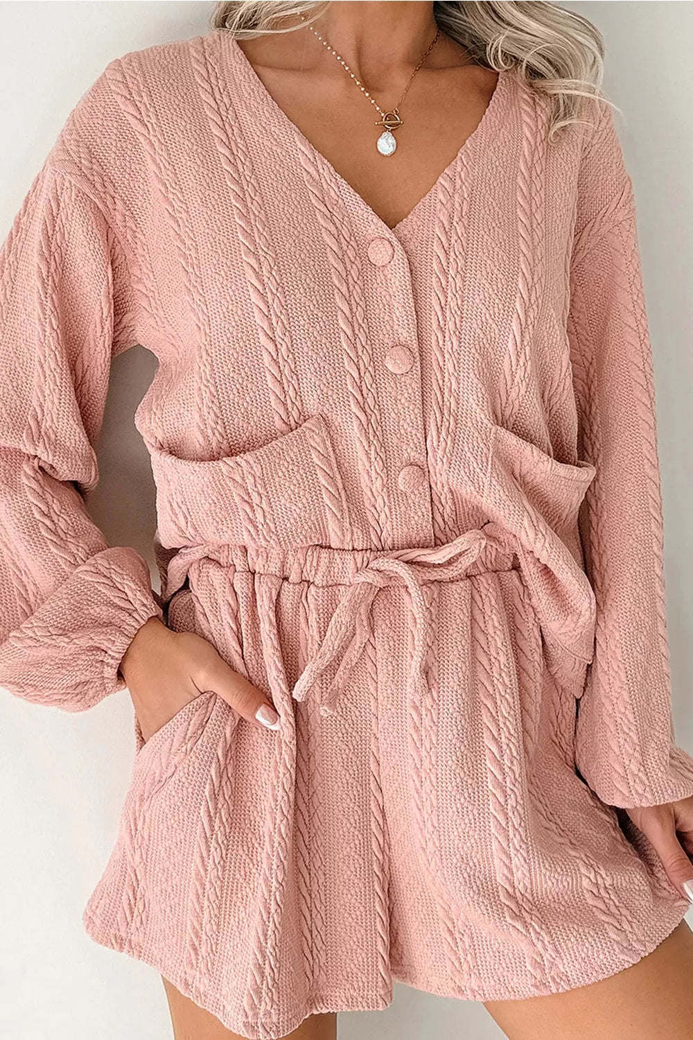 Cable Knit V Neck Cardigan and Shorts Set