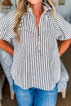 Striped Zipper Front Puff Sleeve Blouse
