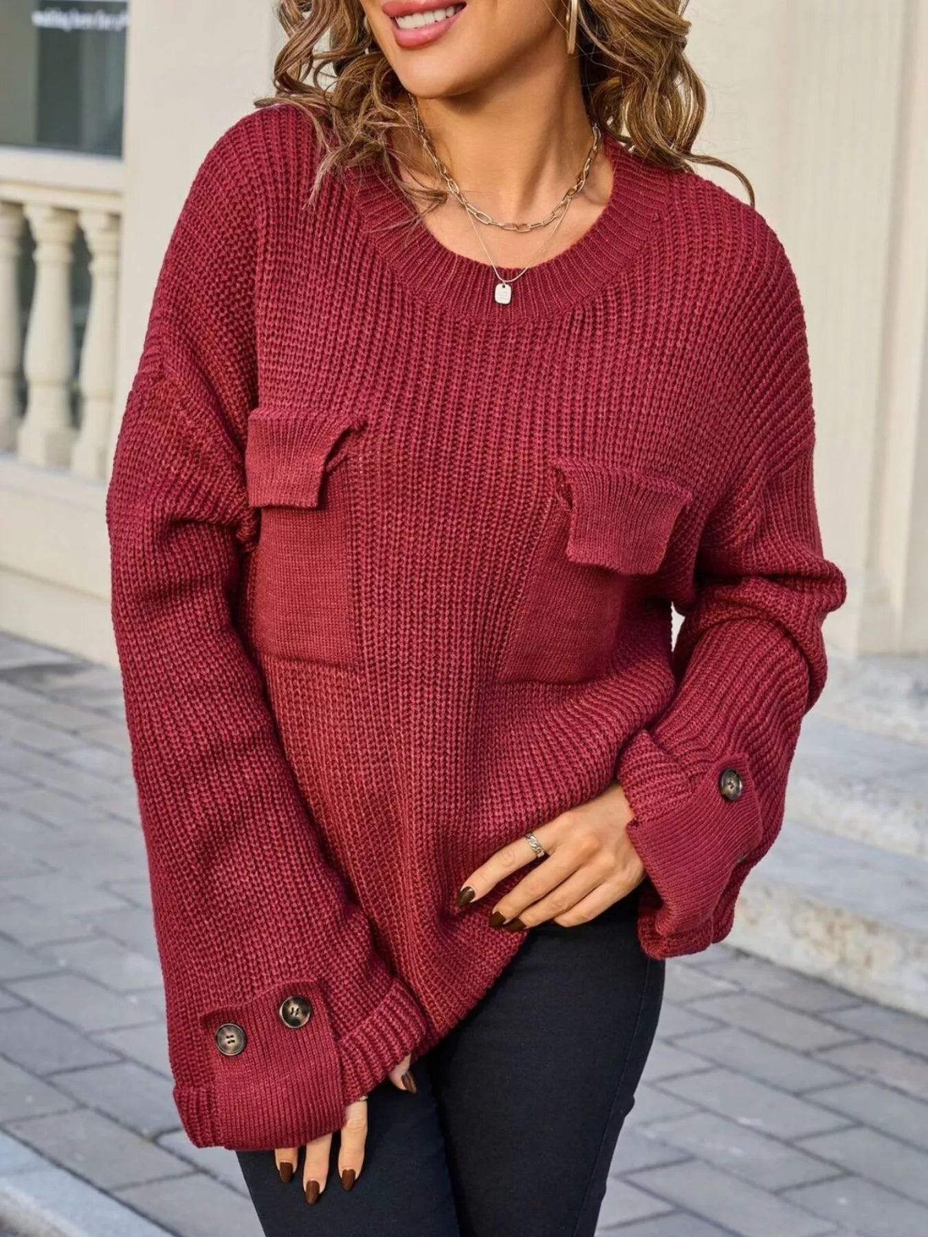 Pocket Detail Round Neck Sweater