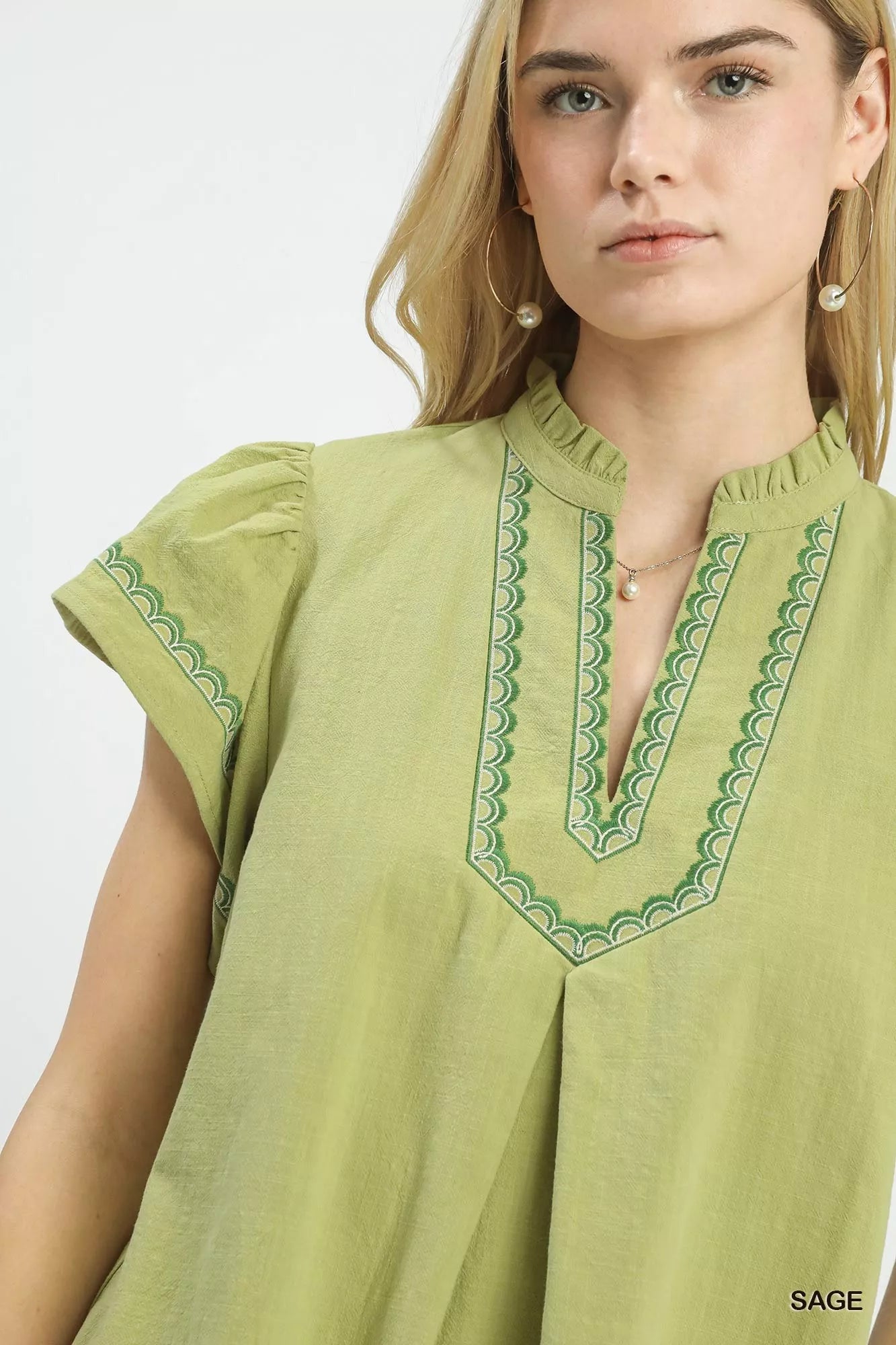 Umgee Embroidered Flutter Sleeve Blouse