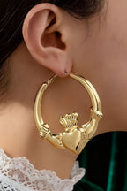 Gold Retro Claddagh Hoop Stainless Plated Earrings
