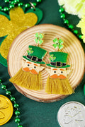 Green St Patricks Day Clover Leprechaun Tassel Drop Earrings