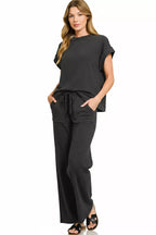 Zenana Cotton Slub Short Sleeve Tee and Pants Set