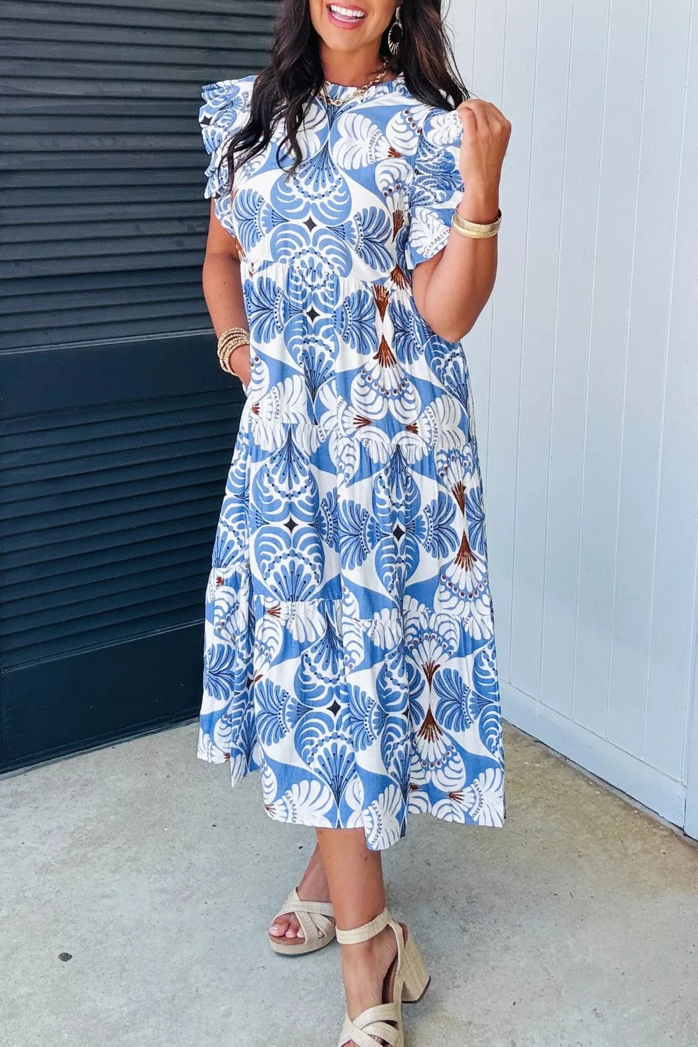Ruffle Sleeve Tiered Midi Dress