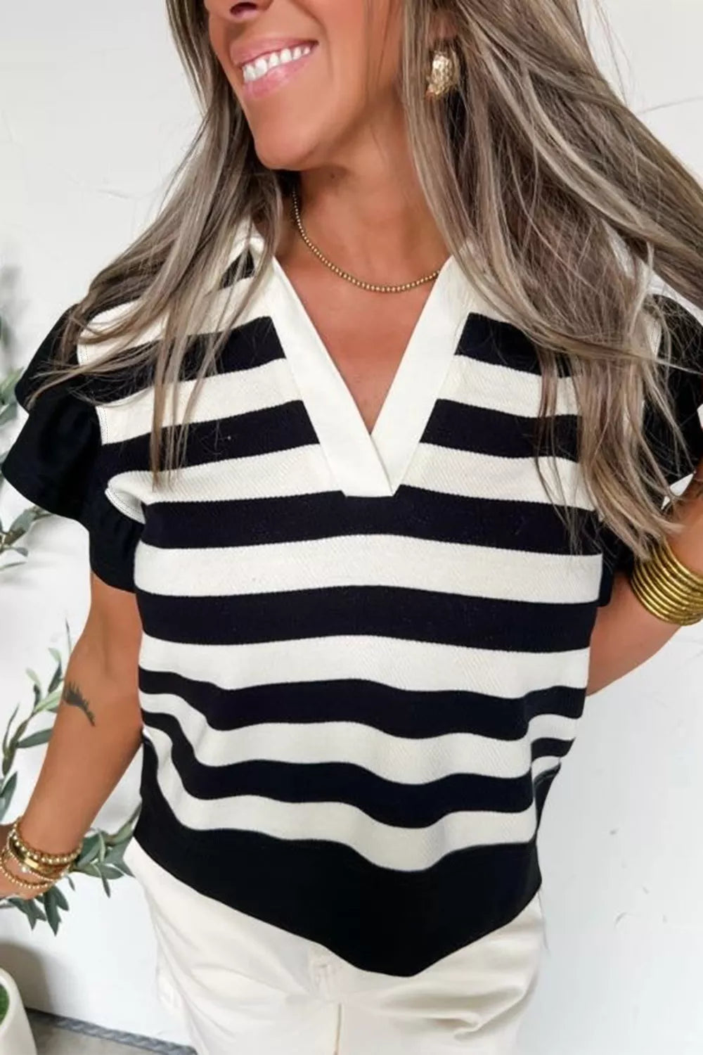 Striped Ruffle Sleeve Blouse