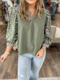 Floral Puff Sleeve Contrast V Neck Patchwork Blouse